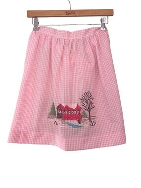 Vintage Pink Gingham Cross Stitch Embroidered Bridge Scene Cottagecore Apron
